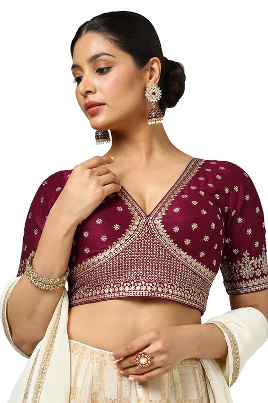 Soch Womens Maroon Tussar Embroidered Padded Blouse With Sequins