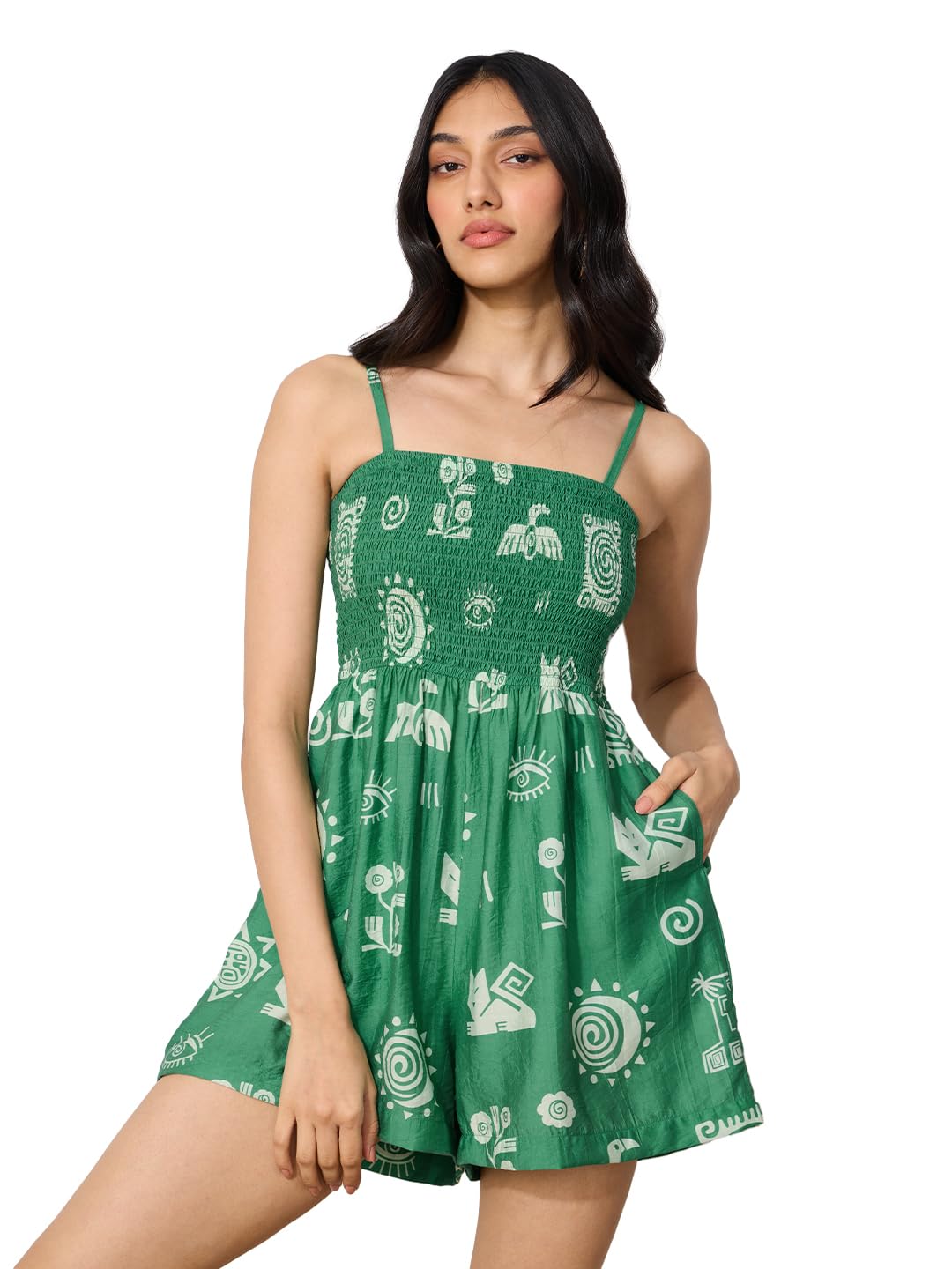 The Souled Store Nature Women and Girls Square Neck Sleeveless Green Printed Regular Fit Viscose Blend Mini Playsuits