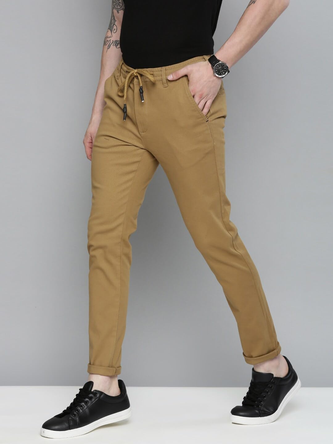 The Indian Garage Co Men Slim Fit Solid Mid-Rise Chinos Khaki