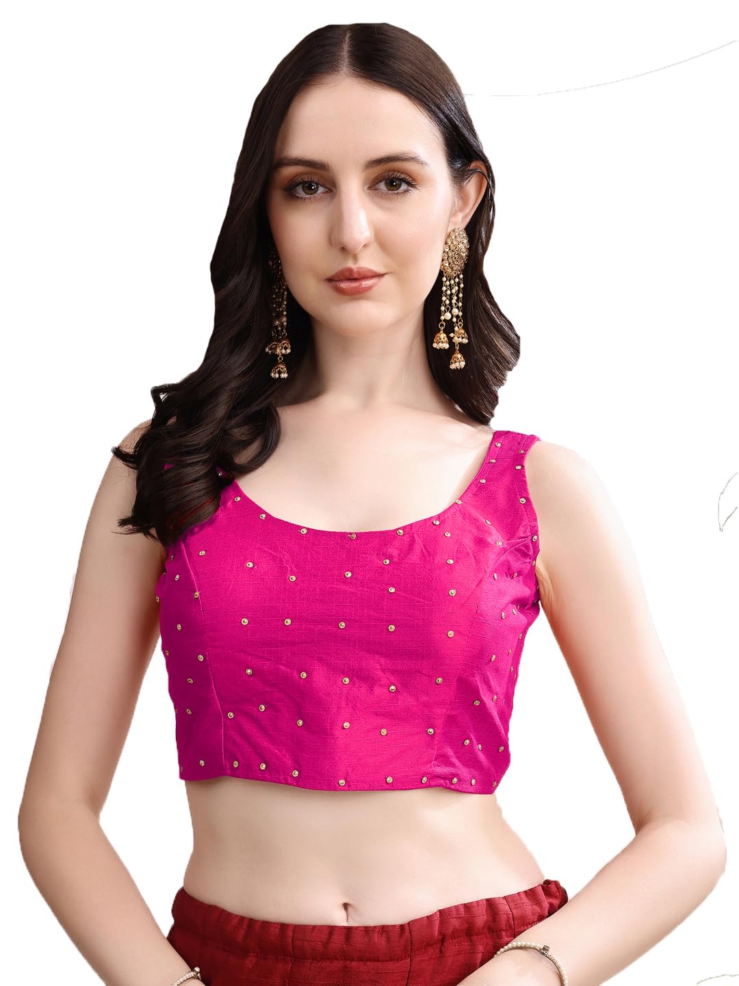 Pujia Mills Womens Square Neck Silk Sleeveless with Stone Work Readymade Blouse