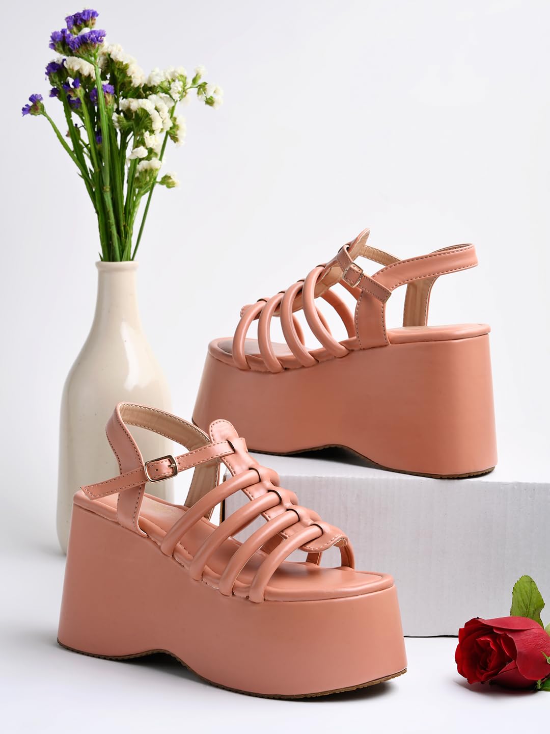 Shoetopia WomenS Peach Platform Sandals Chunky Wedge Gladiator Style|| Caged Straps & Adjustable Buckle Trendy Summer Footwear