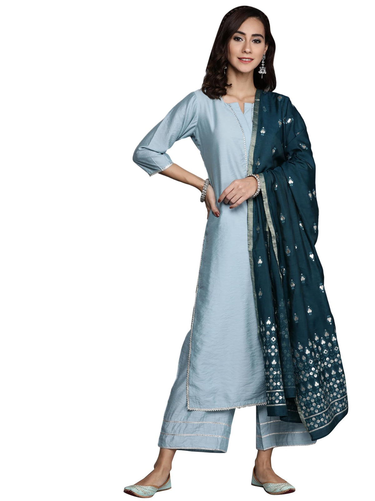 Libas Womens Solid Silk Blend Straight Kurta With Palazzos And Dupatta