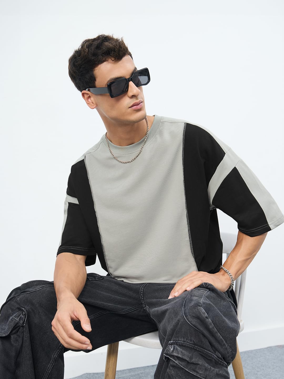 The Souled Store: Colourblock Midnight Men and Boys Short Sleeves Round Neck Grey Colour-Block Cotton Oversized T-Shirts