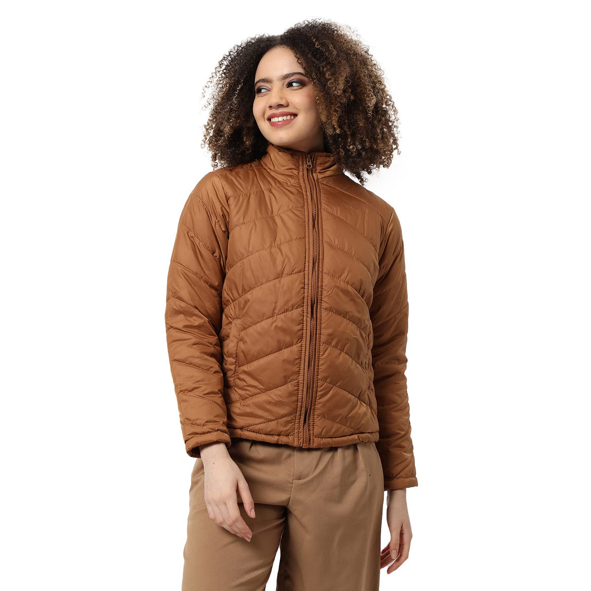 Campus Sutra Womens Brown Puffer Regular Fit Bomber Jacket For Winter Wear | Standing Collar | Full Sleeve | Zipper | Casual Ja