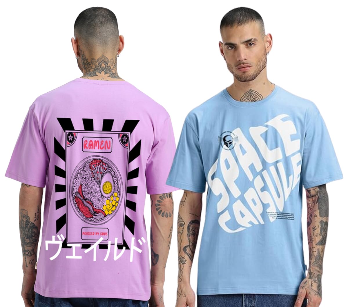 Veirdo Mens 100% Cotton Oversized Baggy Fit Drop Shoulder Graphic Typographic Printed T-Shirt Combo