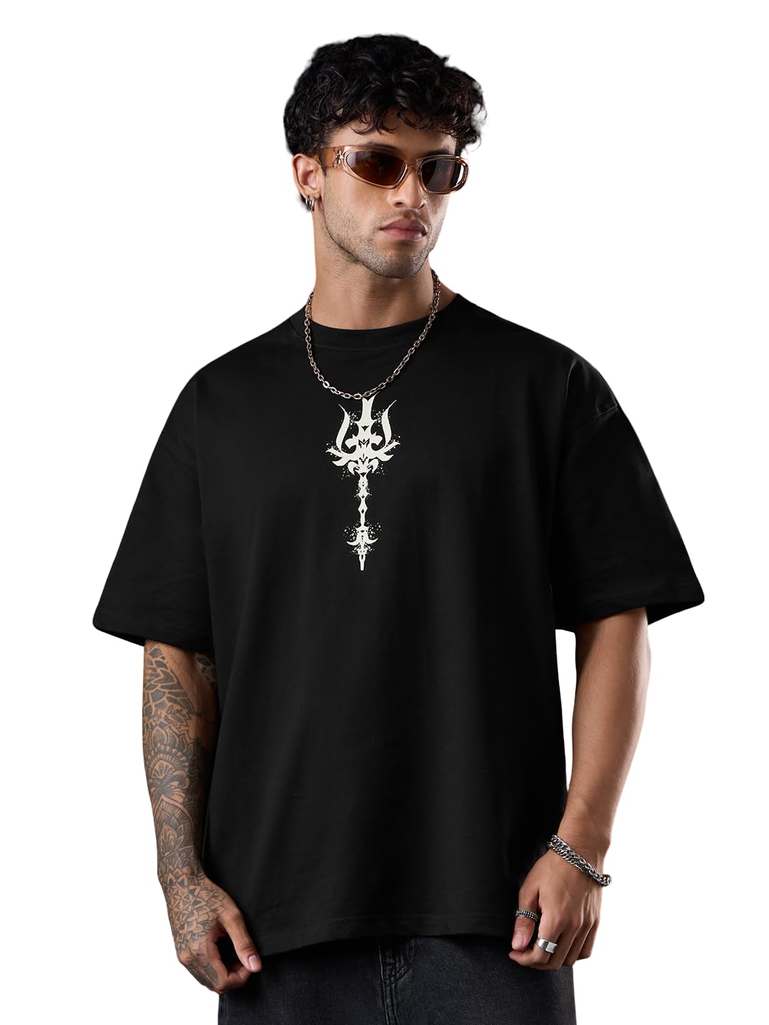 The Souled Store Asura Bomma Men and Boys Short Sleeves Round Neck Black Graphic Printed Cotton Breathable Lightweight All-Seaso