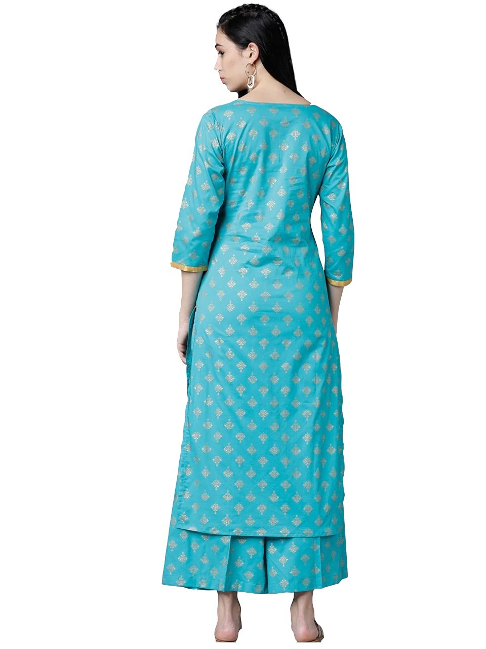 GoSriKi Women's Cotton Foil Printed Straight Kurta with Palazzo (New-Turquoise)