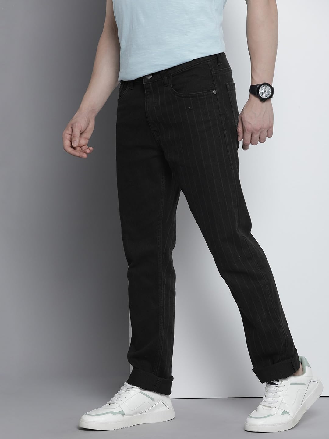 The Indian Garage Co Men Slim Straight Fit Striped Mid-Rise Stretchable Jeans Black