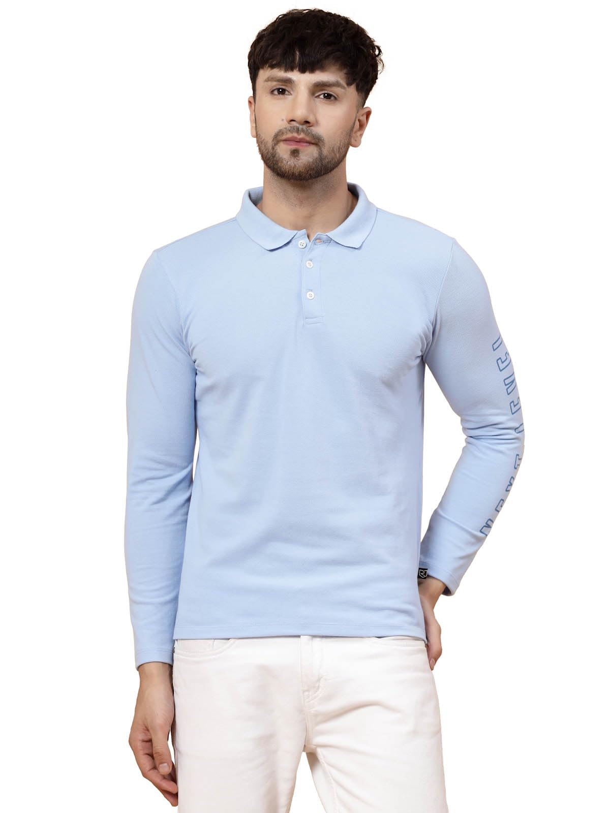 Rigo Full Sleeve Casual Wear Solid Polo T-Shirts for Men | Slim Fit Collar T-Shirts for Men Light Blue
