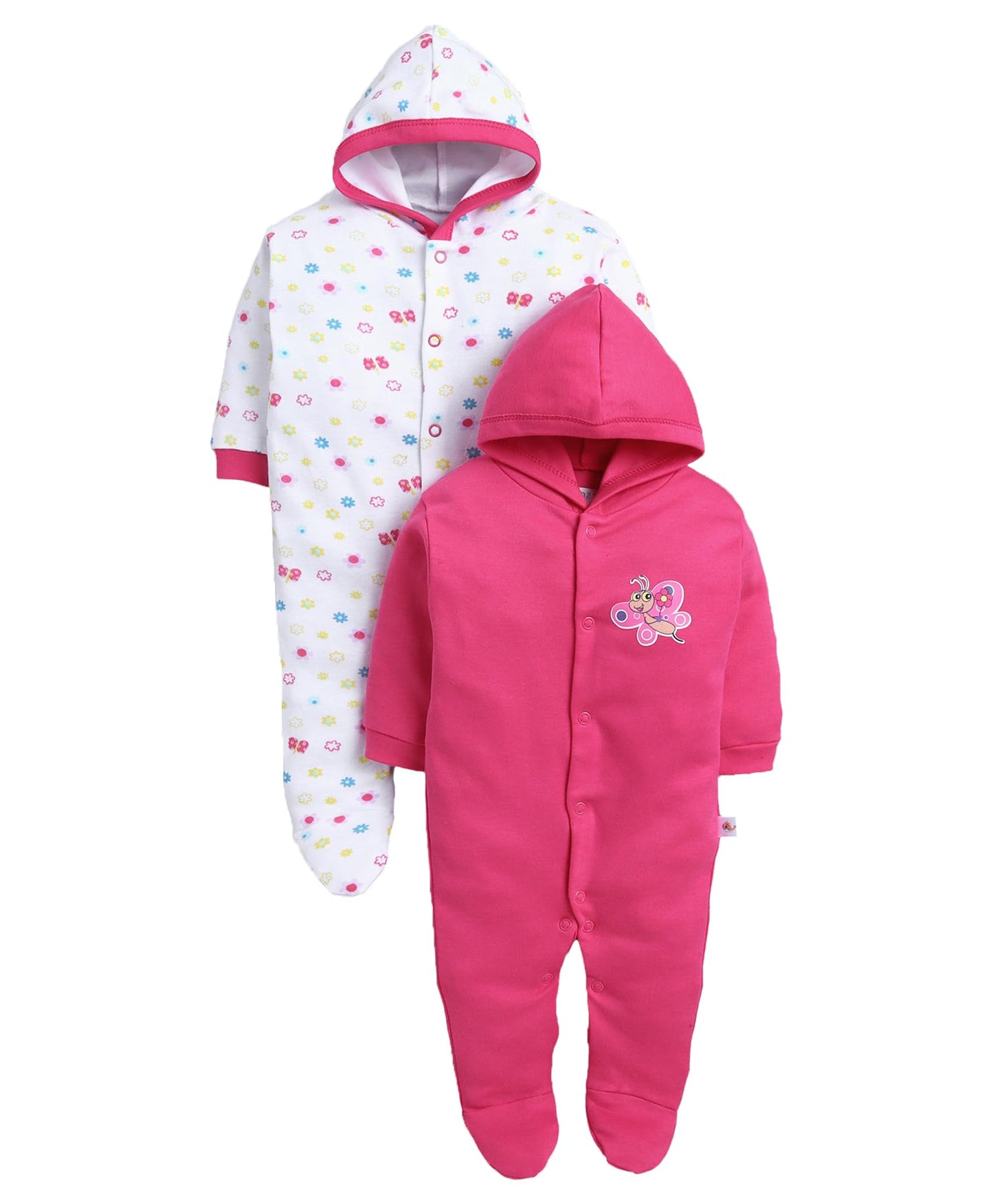 BUMZEE Baby Girls Cotton Full Sleeves Pack of 2 Hooded Sleepsuit Pink & White - New Born (Peb11024A-pnk)