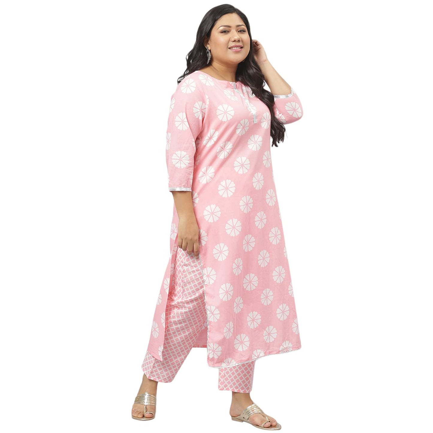 Stylum Women's Plus Size Cotton Printed Straight Kurta Pant Dupatta Set (Light Pink)