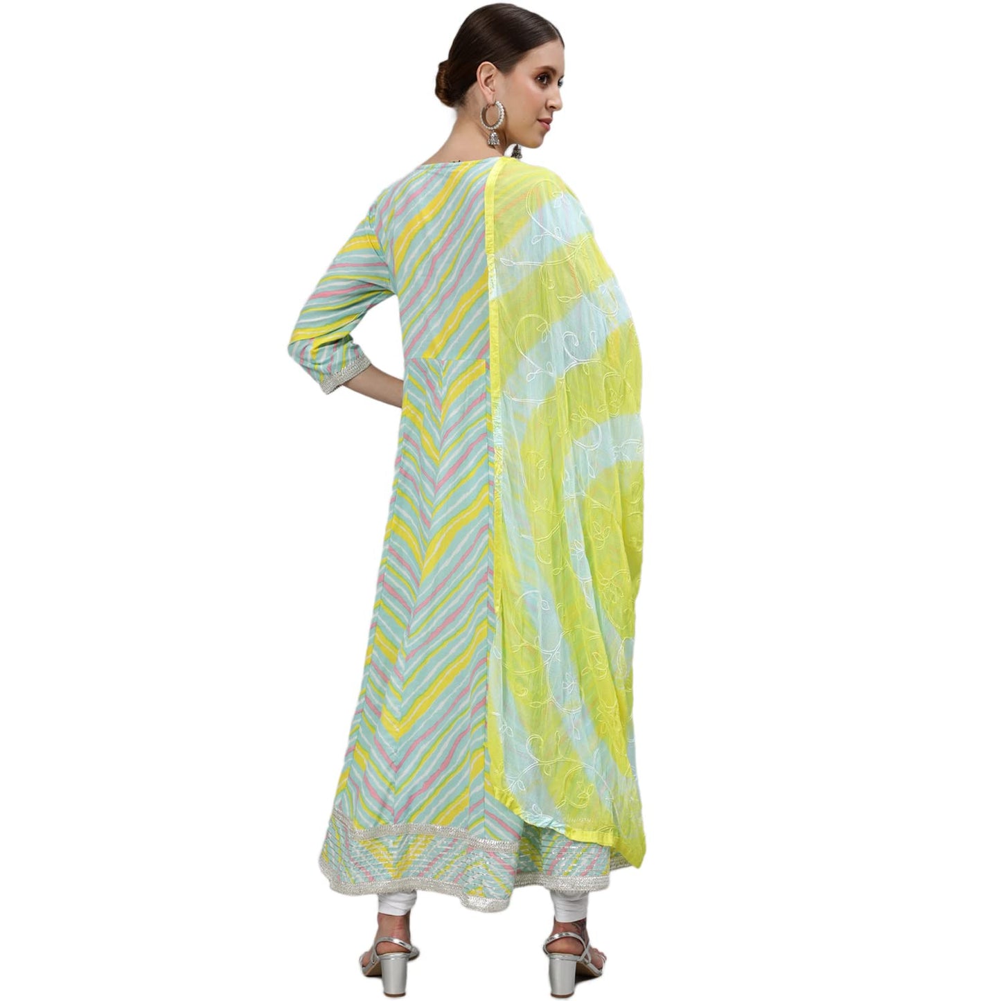 ishin Women's Cotton Regular Fit Chevron Print Embroide Ankle Length Anarkali Kurta Dress