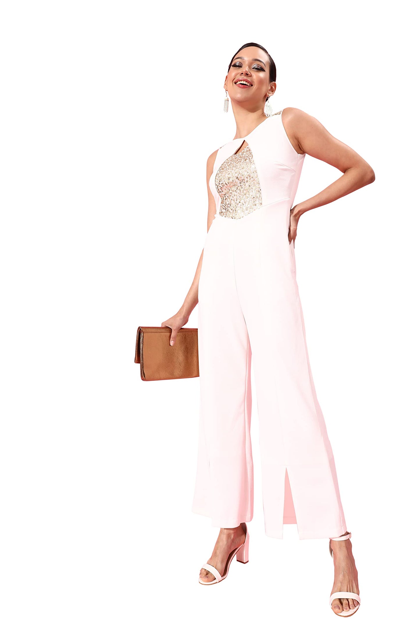 Miss Chase WomenS Off-White Solid Regular Length V-Neck Sleeveless Wide Leg Embellished Jumpsuit (Mcaw21D99-51-114-06, Off-Whit