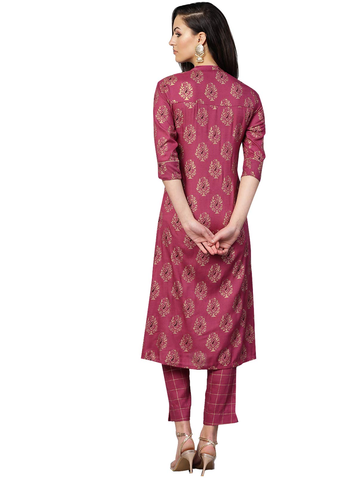 ishin Women's Pure Cotton Purple Printed & Gotta Patti A-Line Kurta suit set with Pant