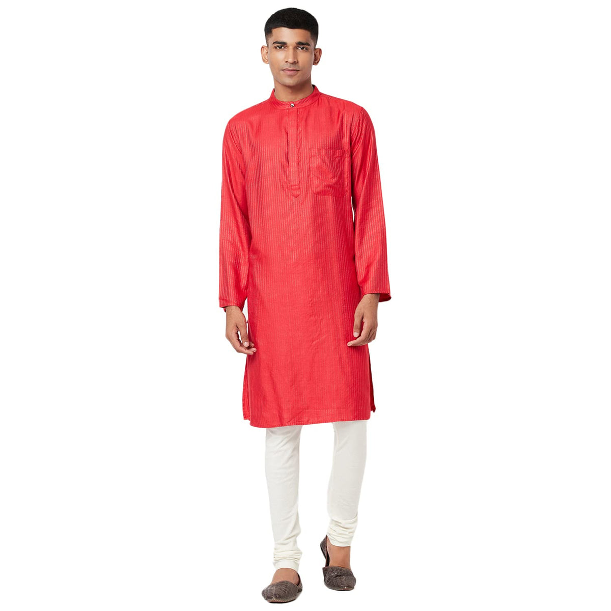 Fabindia MenS Viscose Blend Solids Comfort Kurta_Red_M