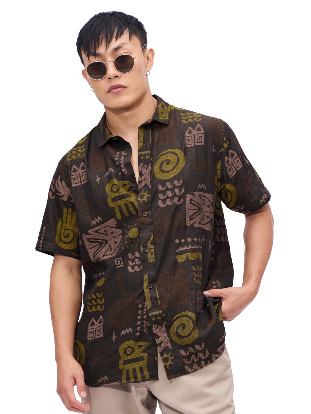 The Souled Store Ancient Trip Men and Boys Short Sleeves Collared Neck Button Front Brown All Over Printed Cotton Textured Shirt