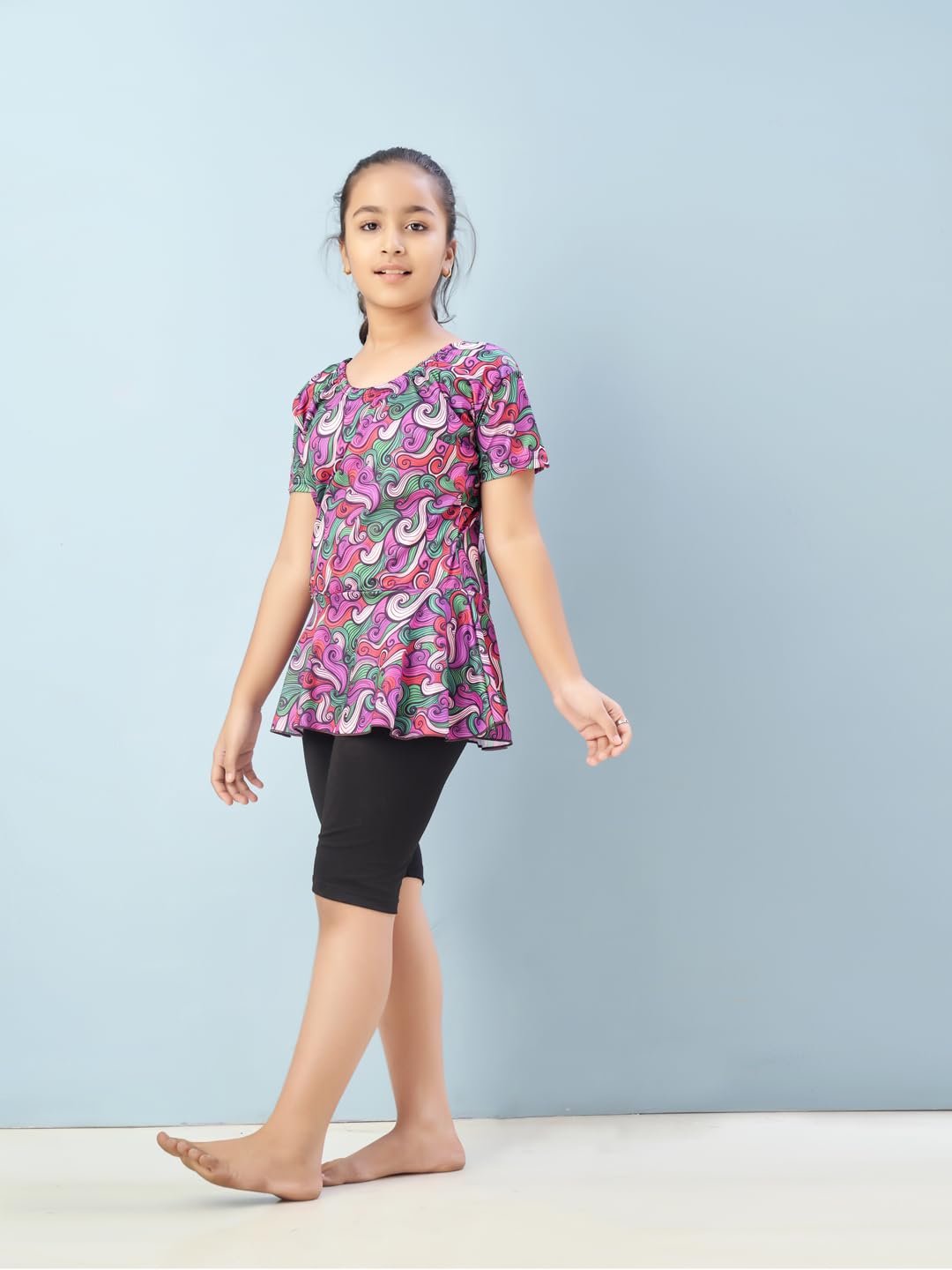 Aarika Girls Sports Wear Purple-Black Colour Abstract Print Nylon Swim Suit (5-15 Years)-(SW-SHM-CA-1118)