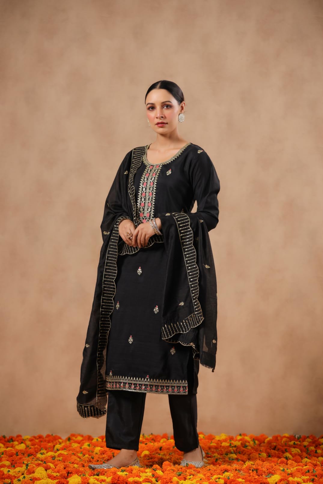 ishin Women's Poly Silk Ethnic Motifs Zari Black Straight Kurta Suit Set with Trousers and Dupatta