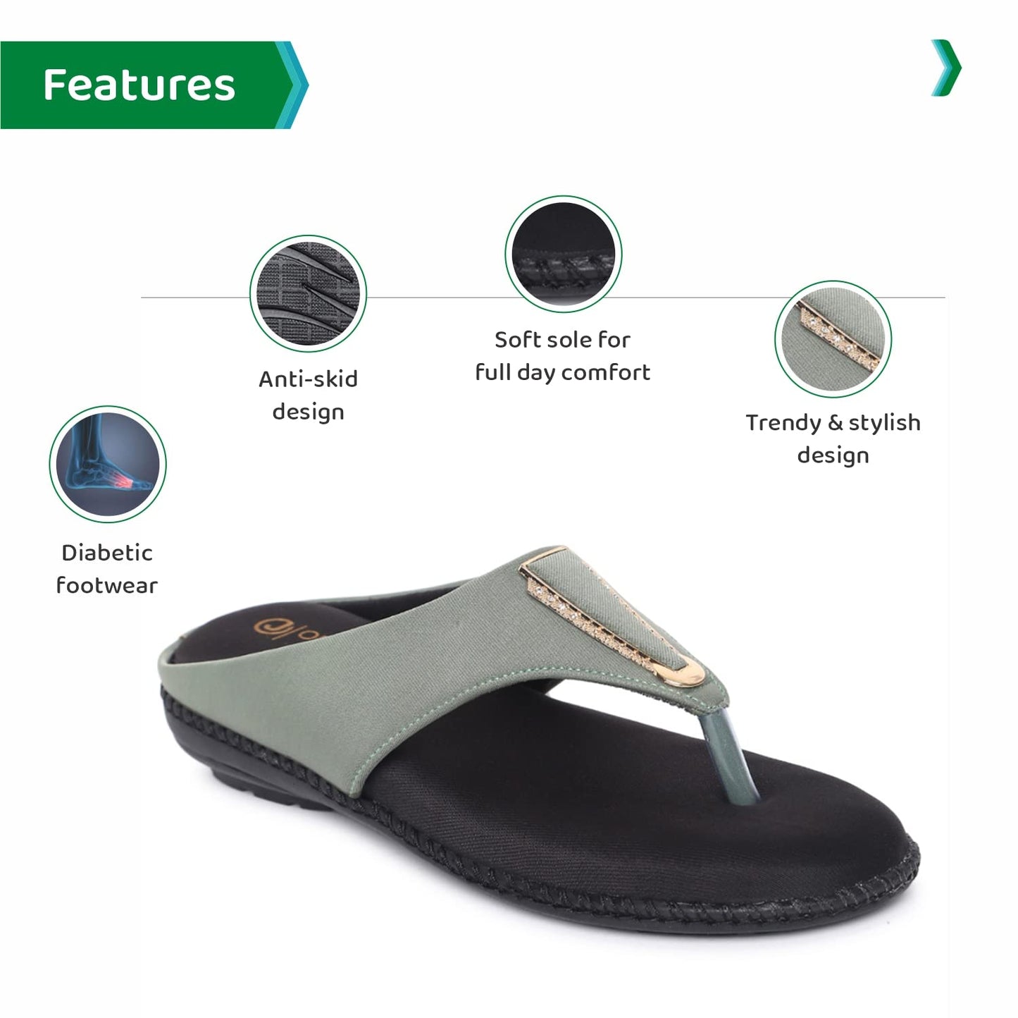ORTHO JOY Fancy Doctor Slippers | Stylish Chappal For Women | Comfortable Flat Sandals For Women Stylish (Green)