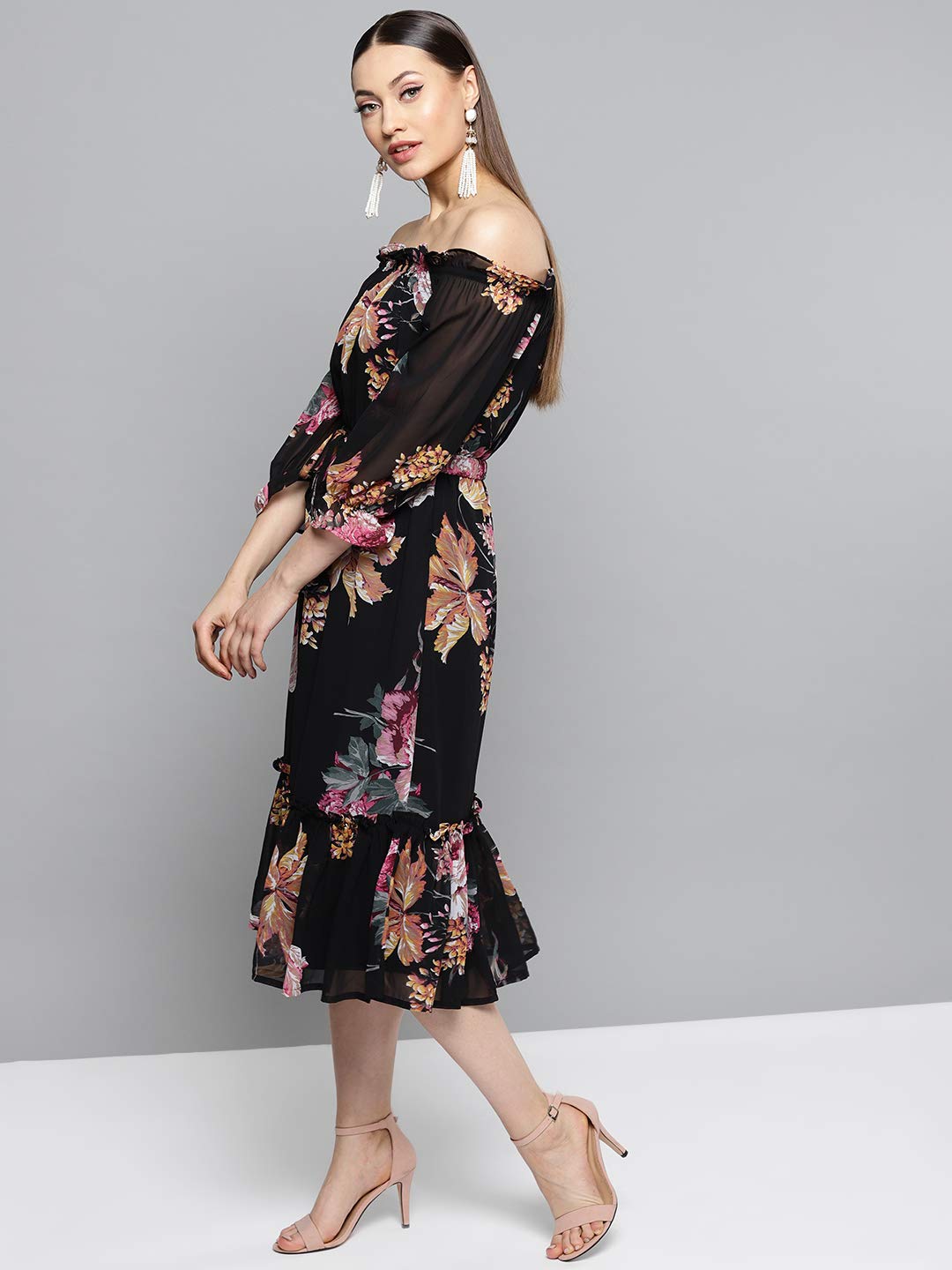Rare Women'S Synthetic A-Line Knee-Long Dress (Ep4161B_Black_L)