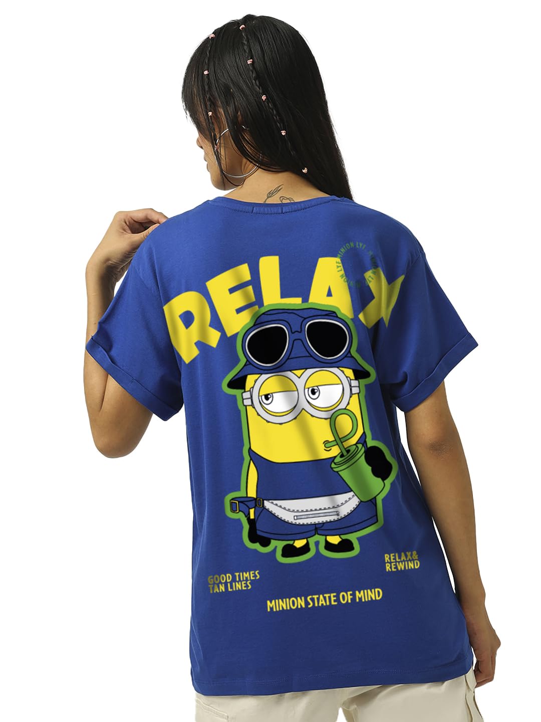 Bewakoof Official Minions Merchandise Minion Womens Graphic Print Boyfriend Fit Half Sleeve Round Neck Cotton T-Shirt_648810_Bl
