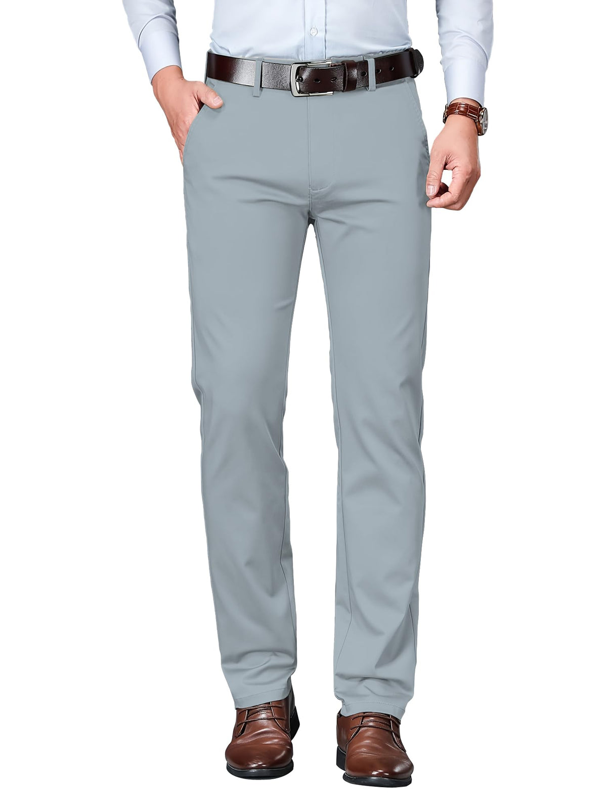 AVANOVA Mens Light Grey Solid Trousers Light Business Style Slightly Stretch Straight Leg Pants for Outdoor Casual Daily (Trous
