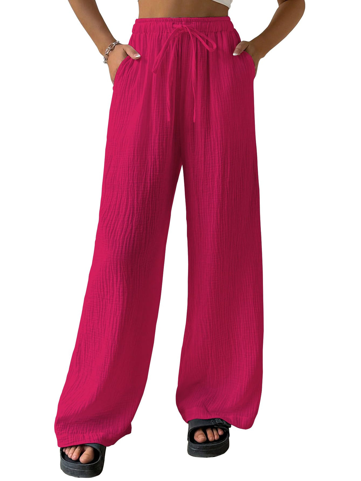 Shasmi Womens Hot Pink Loose Wide-Leg Pants with Textured Wrinkled Fabric and Drawstring Waist Long Trousers (Pant 157 Hot Pink