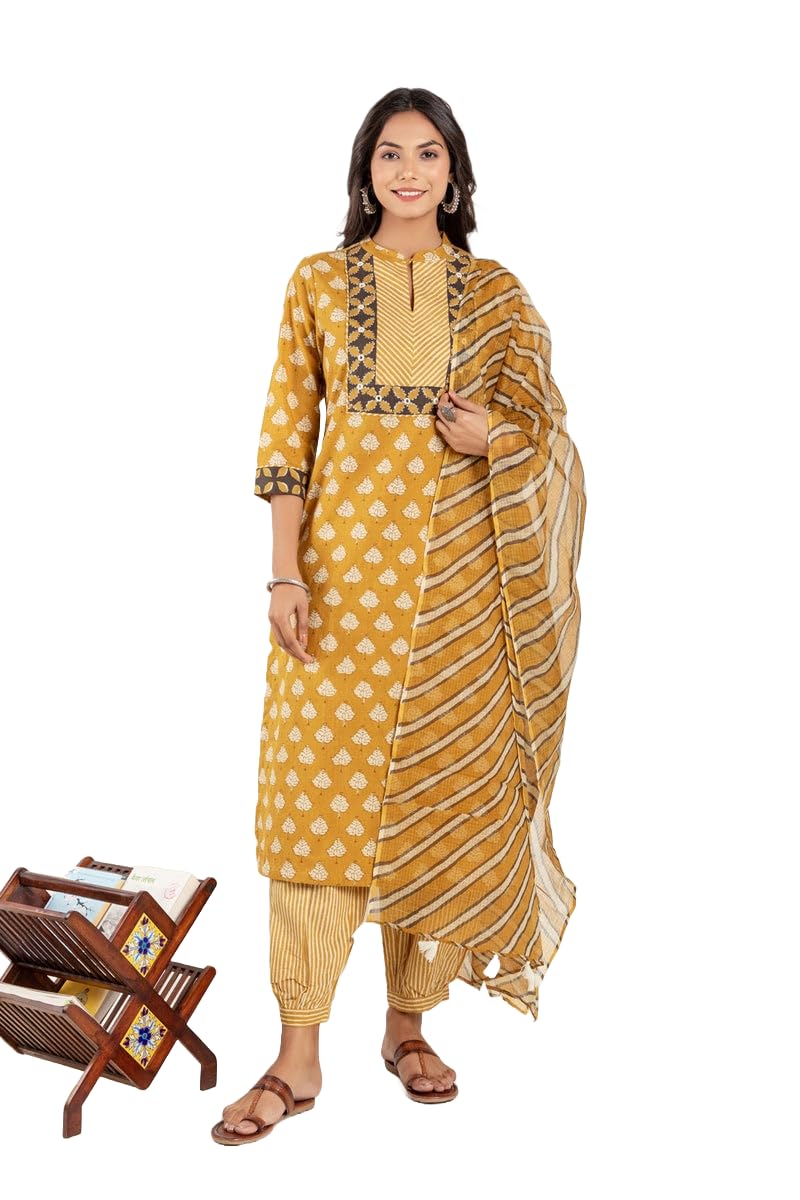 Lookmark WomenS Printed Cotton Blend Straight Kurta Afghani Pant Dupatta Set - Ethnic Elegance Embodied | Perfect Fusion Of Tra