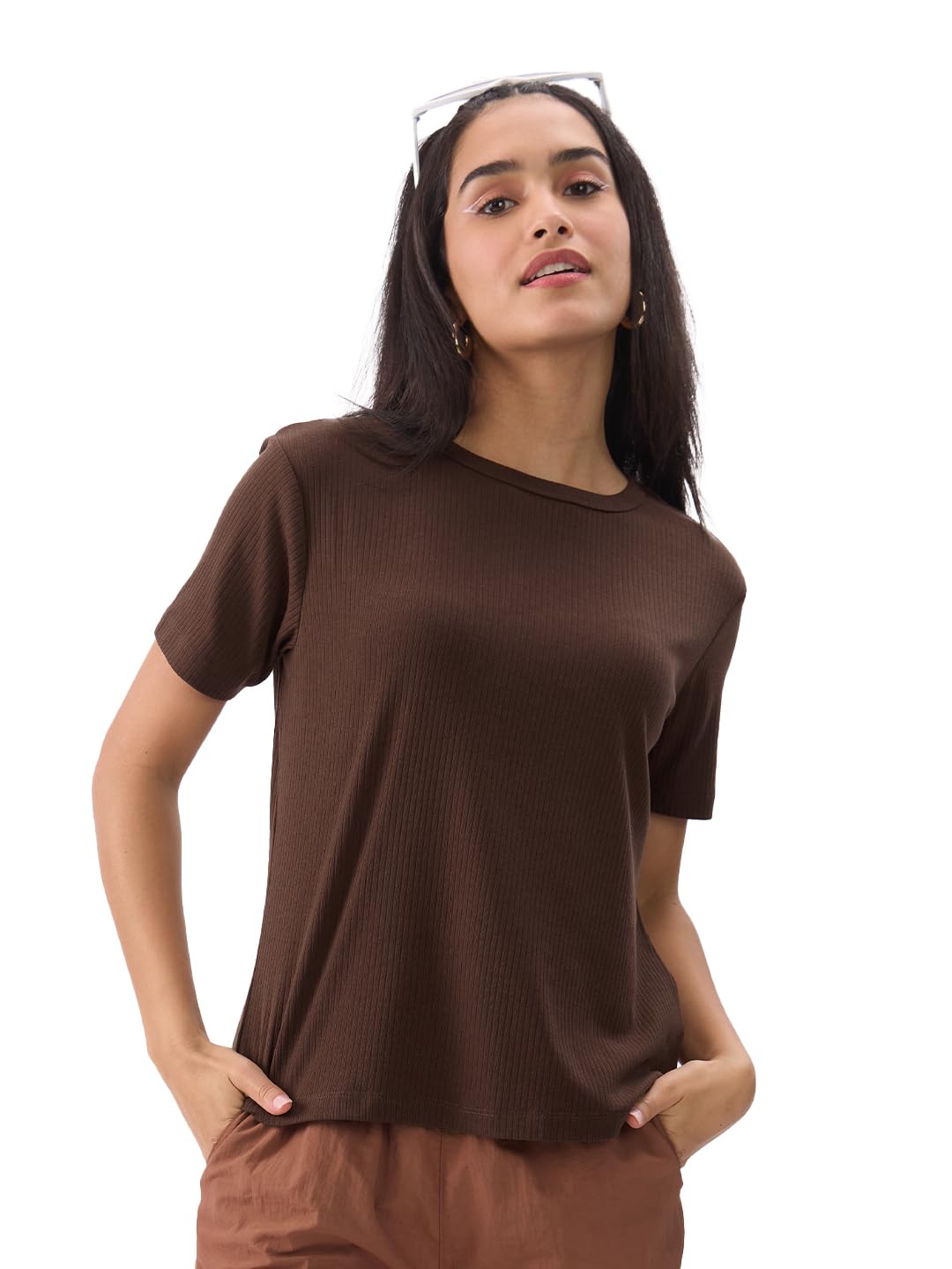 The Souled Store Brunette Women and Girls Short Sleeves Round Neck Polyester Blend Relaxed Fit Cotton T-Shirts