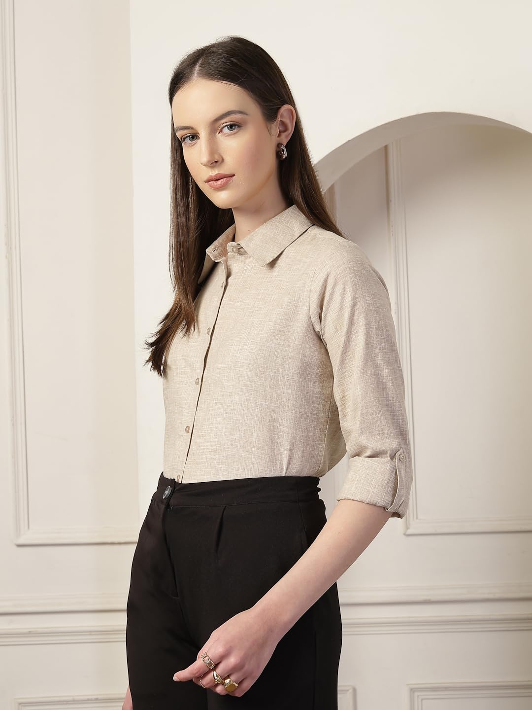 Style Quotient Women Beige Self Design Linen Regular Fit Formal Shirt