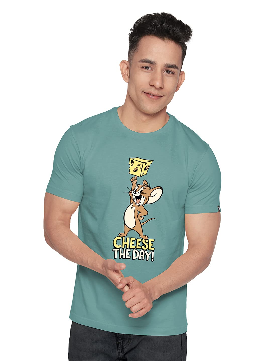 The Souled Store | Tom and Jerry Cheese The Day Round Neck Half Sleeve Mens and Boys | Graphic Printed 100% Cotton T-Shirt Grey