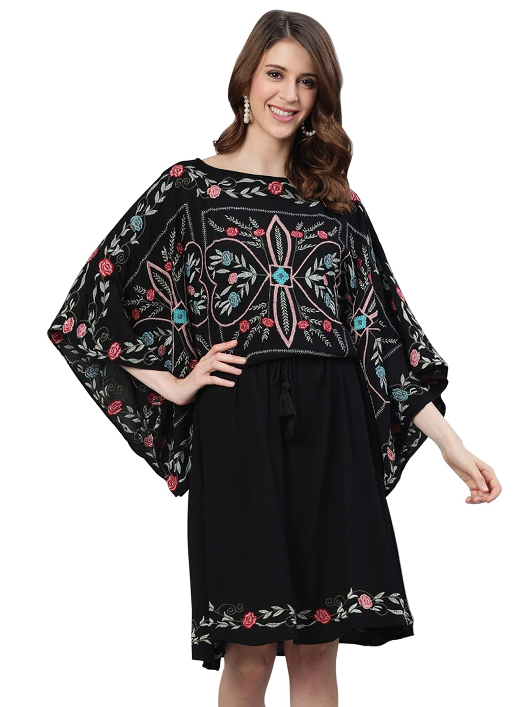 Ishin WomenS Cotton Black Embroidered Kaftan Dress