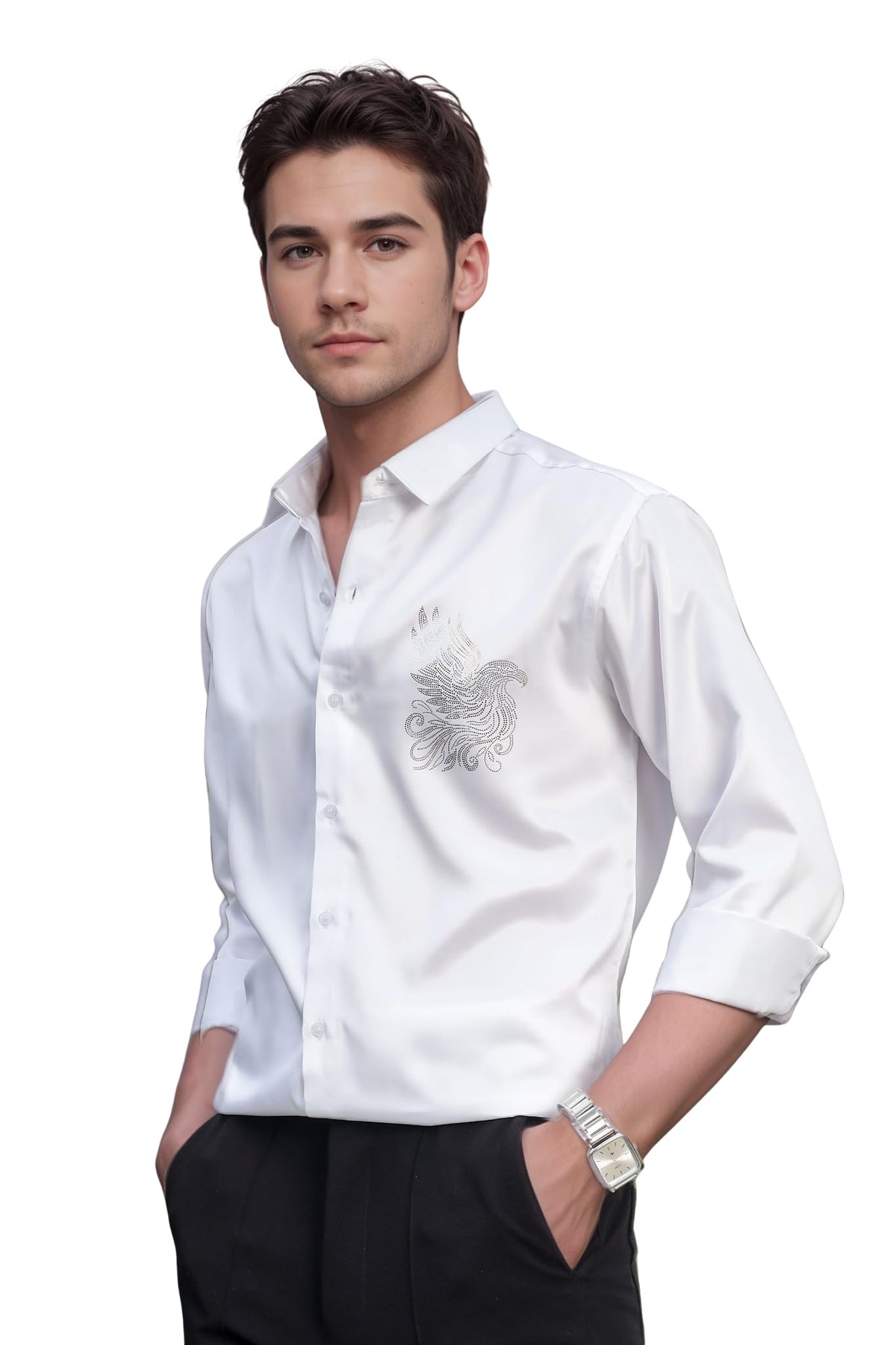 Indoprimo MenS Stylish Long Sleeve Satin Sequence Print Shirt White