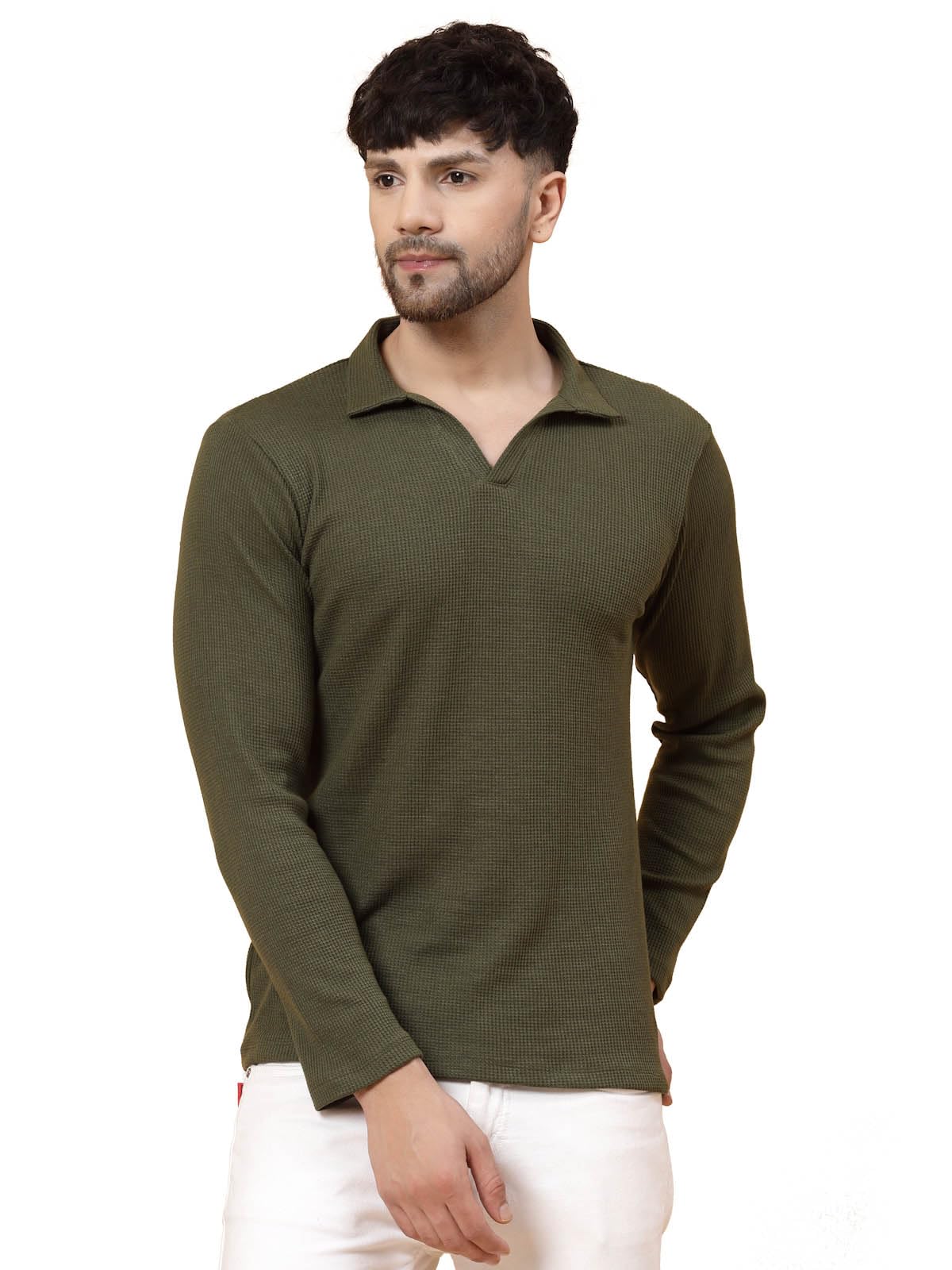 Rigo Printed Casual T-Shirts for Men | Waffle Knit Solid T-Shirt for Men | Full Sleeves T-Shirts for Man Olive