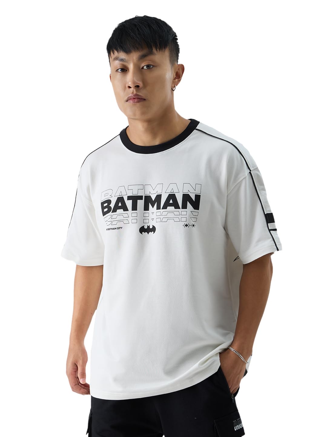 The Souled Store Official Batman: Gotham Guardian Mens and Boys Oversized fit Graphic Printed Half Sleeve Cotton White Color Men