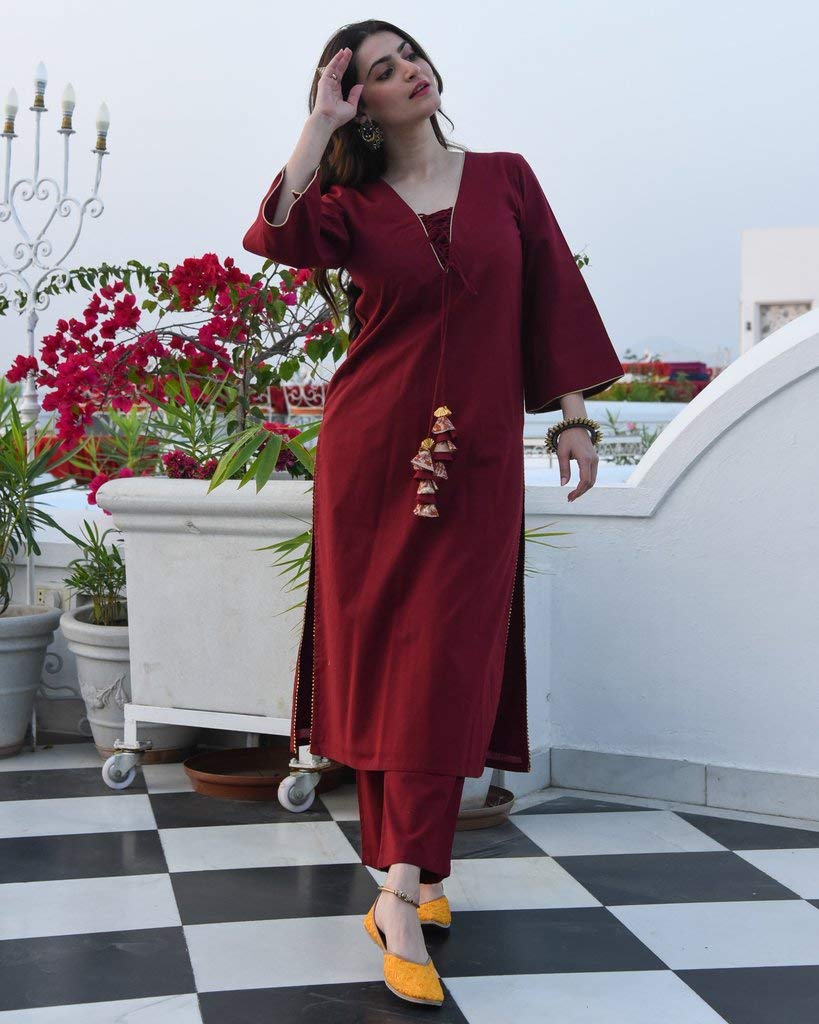 ANNI DESIGNER Women's Maroon Color Rayon Kurta with Palazzo Set (Geetha Maroon)