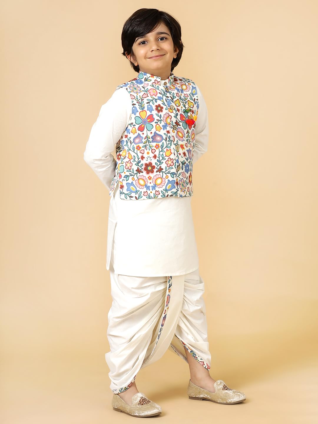 A.T.U.N. (All Things Uber Nice) Boys Mandarin Collar Pure Cotton Straight Kurta With Dhoti Pants & Nehru Jacket