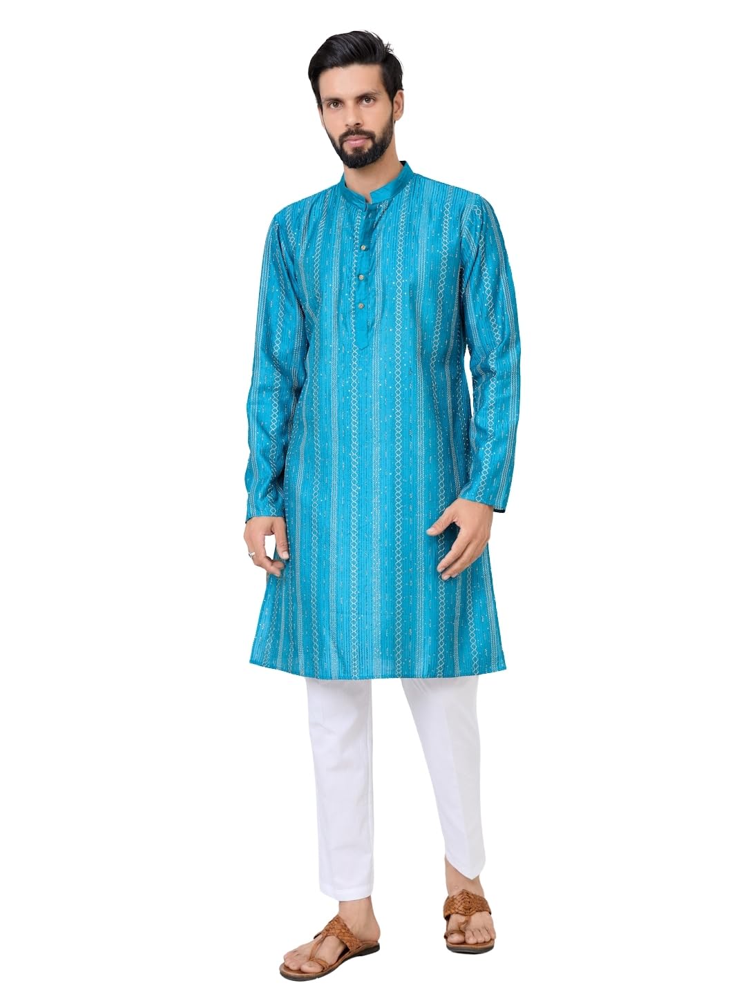 See Designs Mens Full Sleeve Mandarin Collar Blue Embroidered Chanderi Silk Straight Long Kurta - Festive Collection | Dussehra