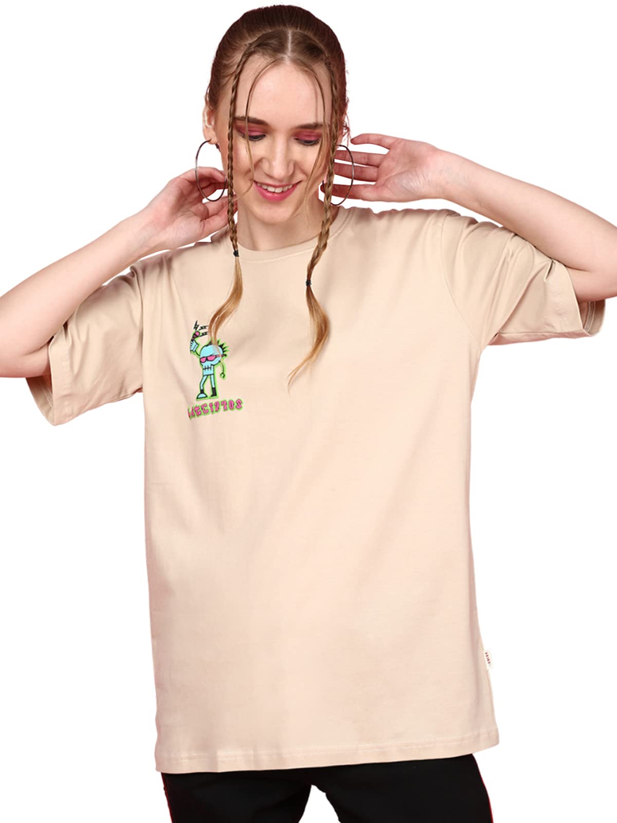 Juneberry Oversized Loose Baggy Fit Drop Shoulder Round Neck Half Sleeve Cool Punk Graphic Printed Pure Cotton Boyfriend T-Shirt