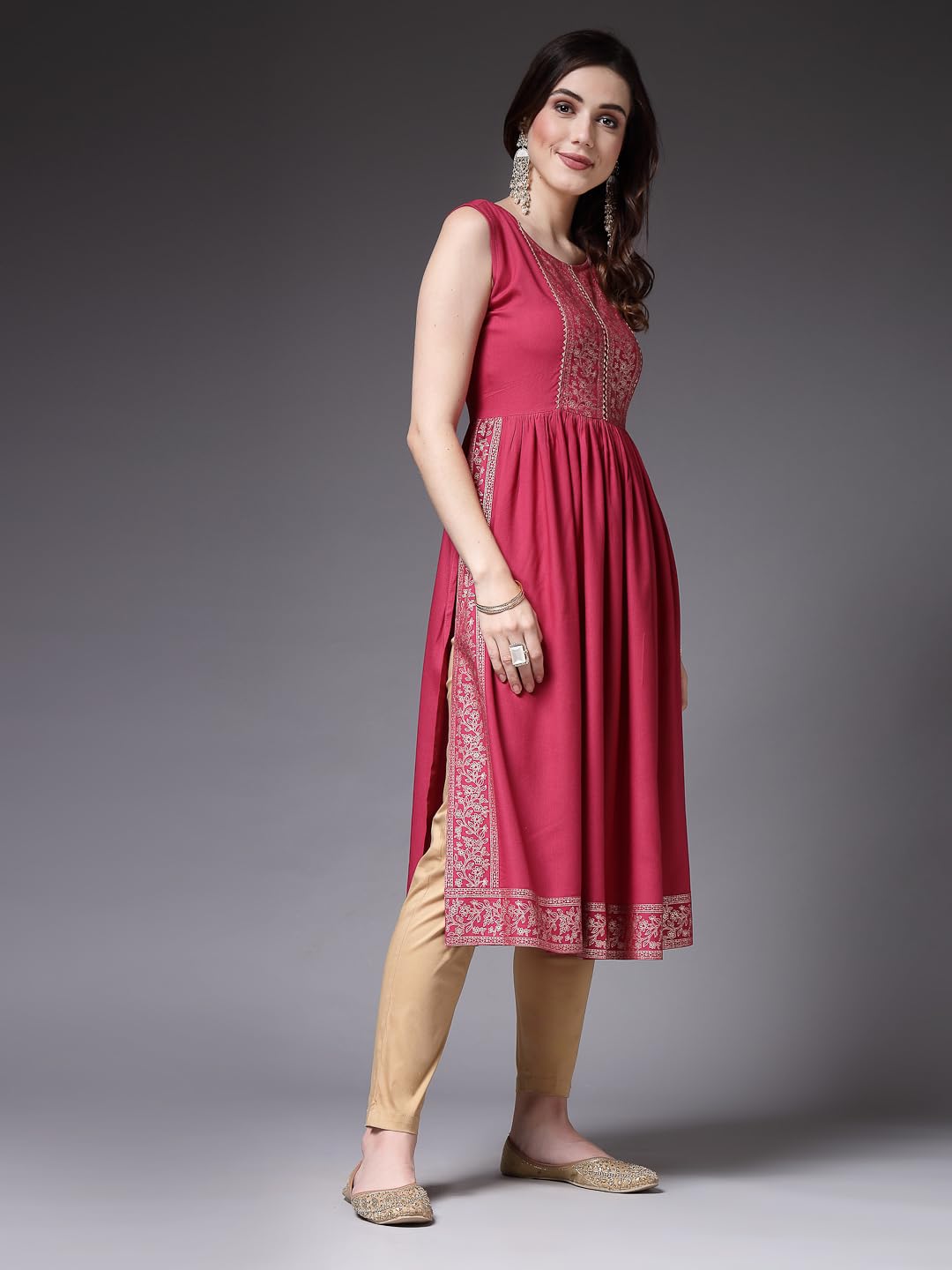 Stylum Women's Solid Rayon Naira Cut Kurta (ROSEGOOFI_Rose Pink)