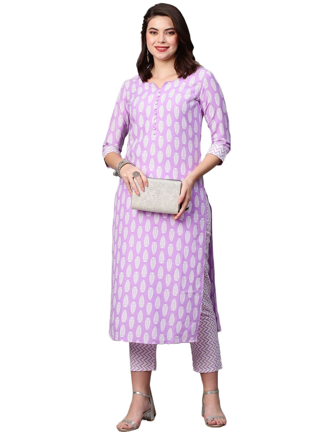 GoSriKi Womens Cotton Blend Printed Straight Kurta with Pant (Danapa Purple-Nw01-GS)