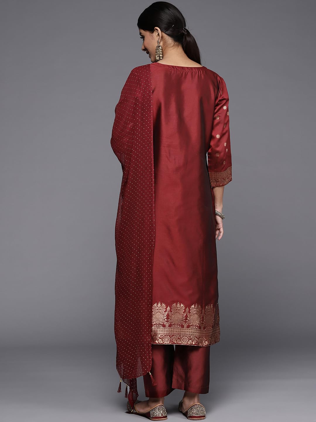 Varanga Maroon and Gold Brocade Kurta Paired with Straight Pant and Chiffon Dupatta