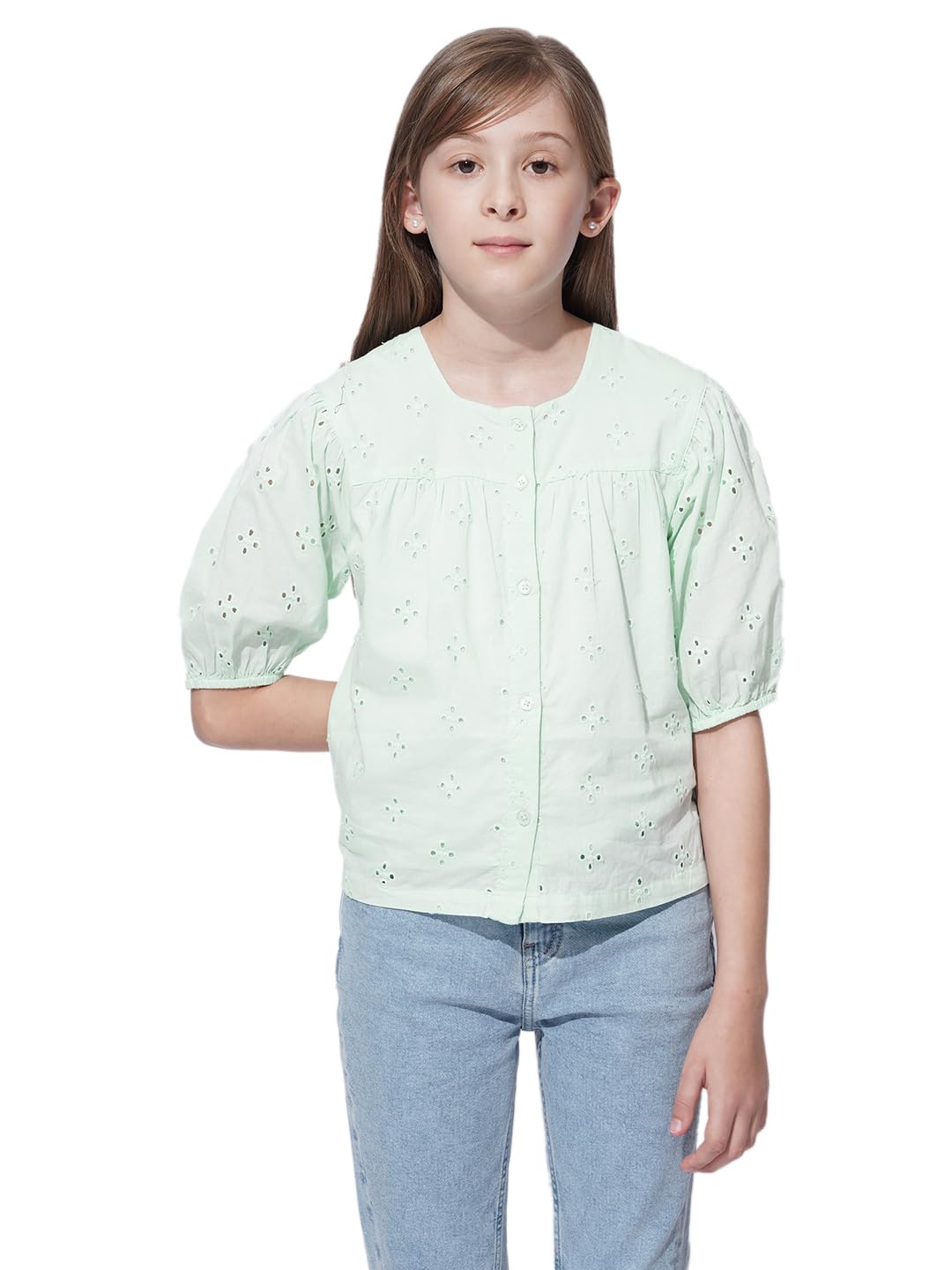 Vero Moda Girl Solid Cotton Relaxed Fit Green Top