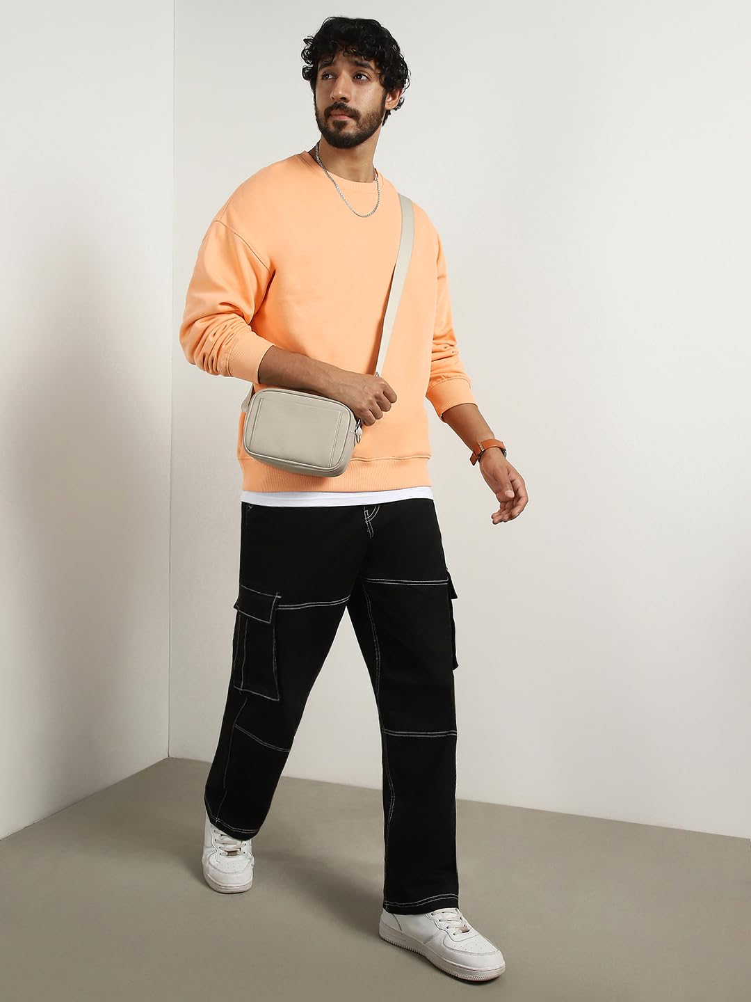Nobero MenS Cotton Blend Crew Neck Sweatshirt (1M-Twss-R0005_Peach Fuzz