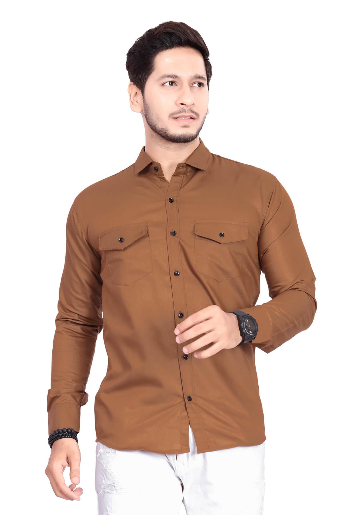 Rebelify MenS Cotton Shirt With Pockets Full Sleeves Spread Collar Solid Pattern Botton Down Closure Regular Fit And Standard L