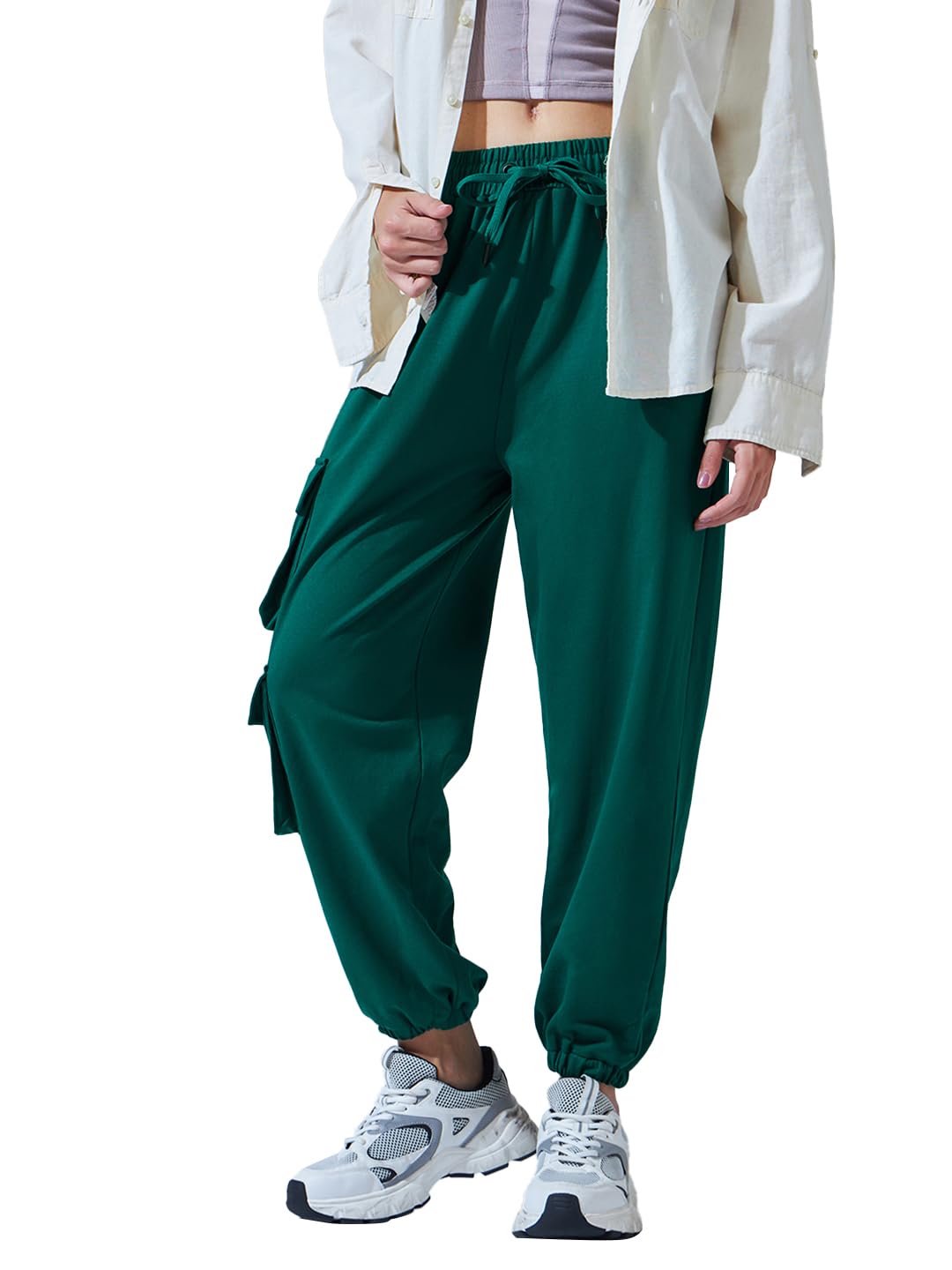 Bewakoof WomenS Solid Oversized Fit Terry Cargo Joggers_ 584746 Green M