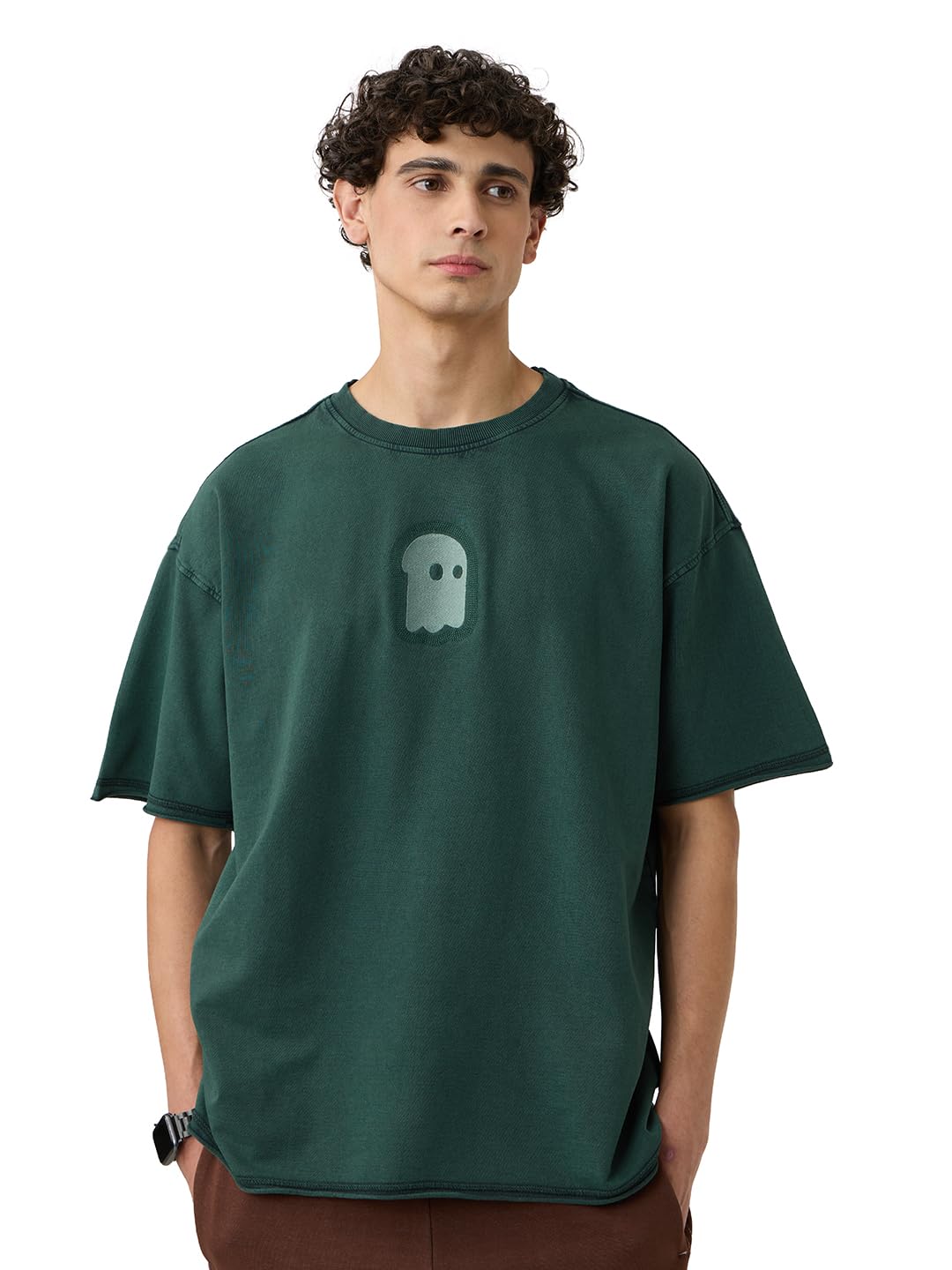 The Souled Store Mr. Souls Men and Boys Short Sleeves Round Neck Green Embroidered Cotton Oversized T-Shirts