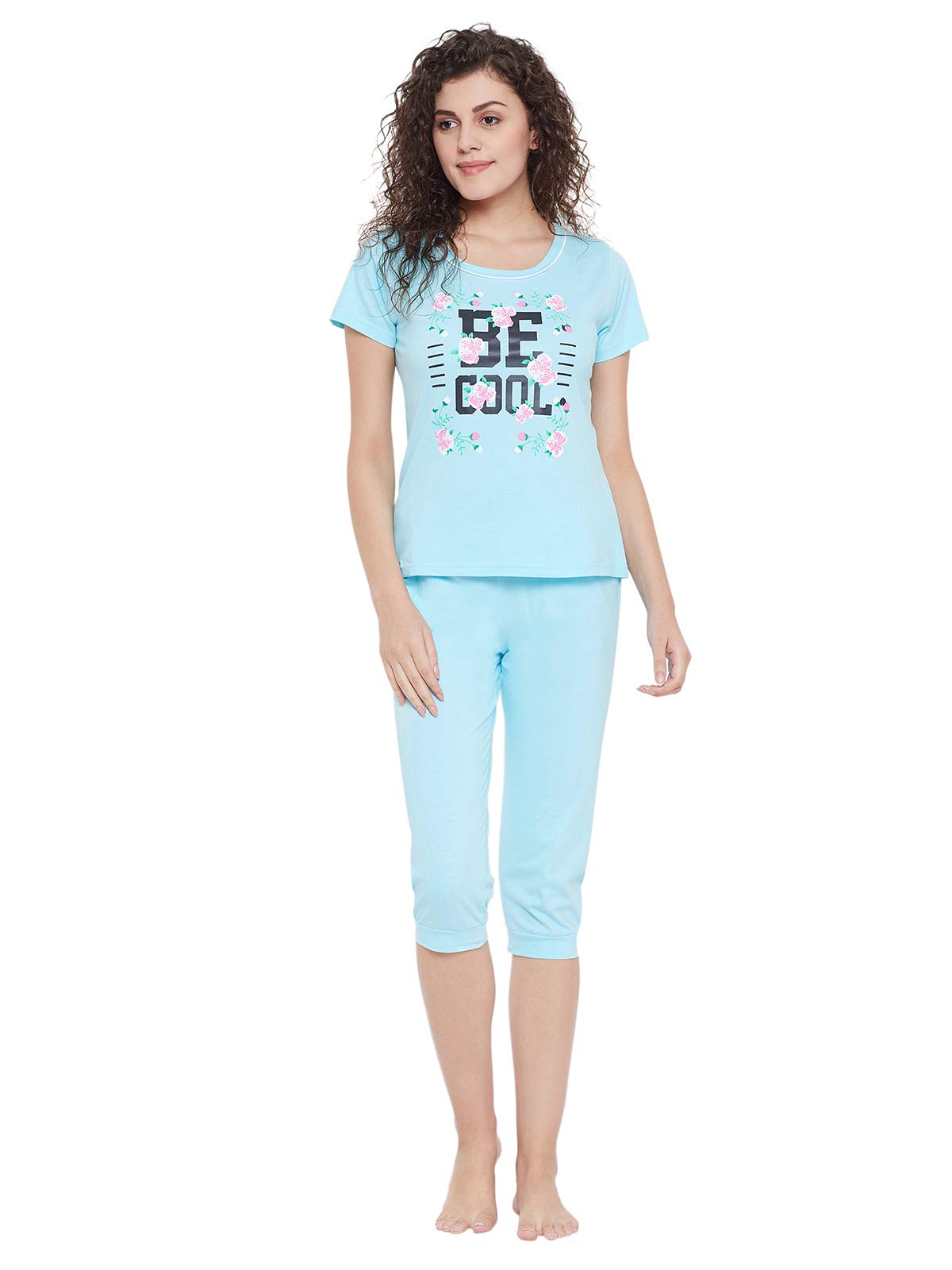 Clovia Womens Cotton Floral Printed Top & Capri Set (LS0411P03_Blue_M)