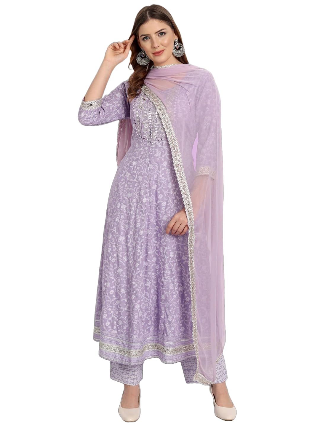 Gosriki WomenS Cotton Blend Embroidered Anarkali Kurta With Pant & Dupatta (Hitmyn-Purple-Gs_M_Purple_Medium)