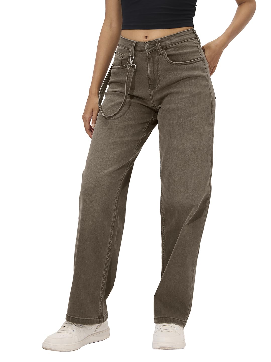 The Souled Store Solids: Faded Brown Straight Fit Wide Leg Cotton Blend Jeans for Women and Girls - Embrace Comfort and Style in